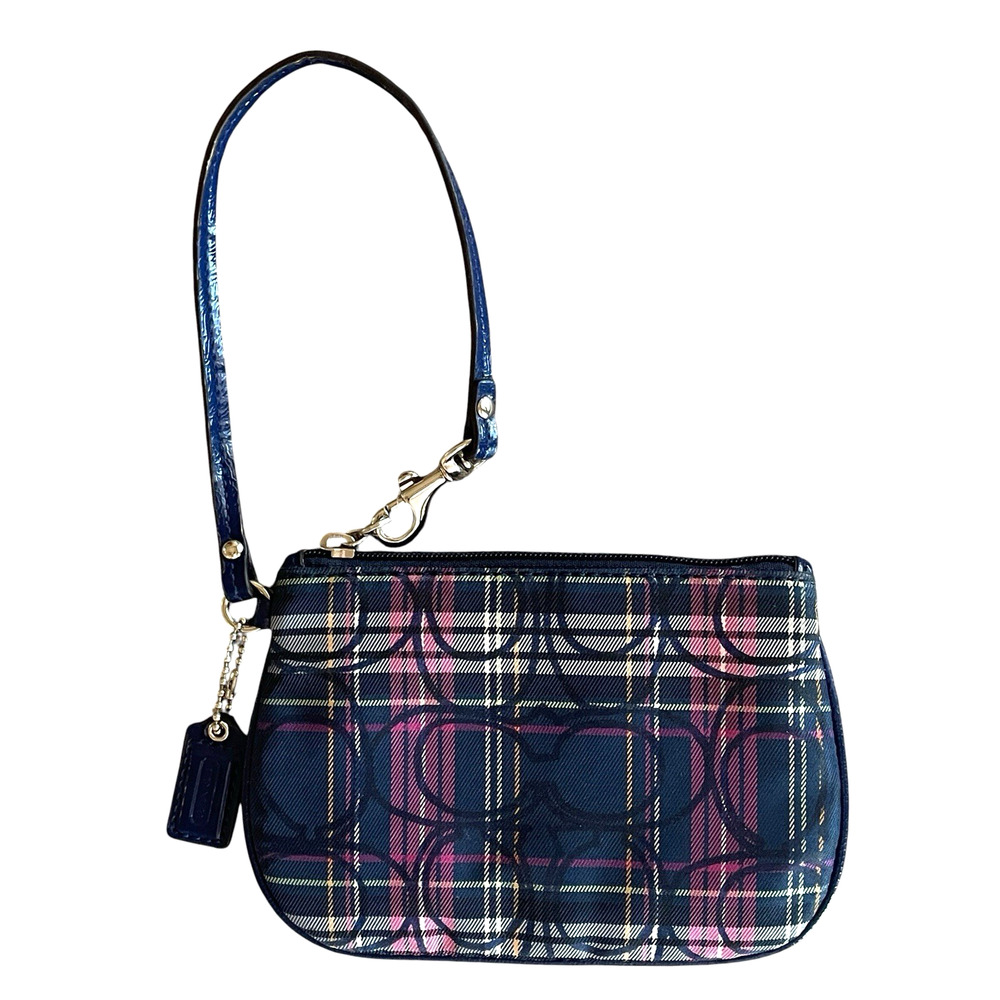 COACH Navy Blue Pink Tartan Plaid Glitter Signature C Canvas Leather Wristlet